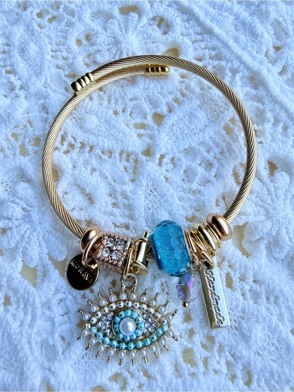 Gold-Tone Charm Bracelet with Turquoise Blue Eye Charm
